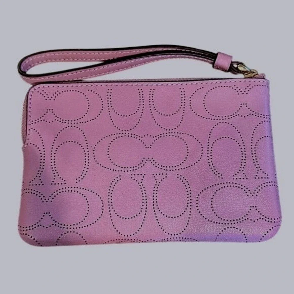 Coach Purple Perforated Signature C Leather Wristlet Gold Hardware Zip Pouch